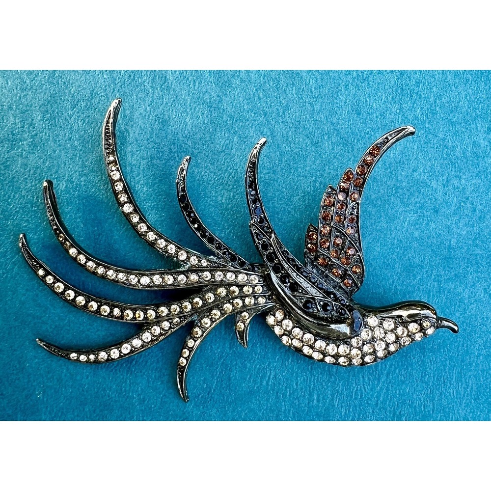 Vintage Moo Roo Bird of Paradise Bird Brooch Rhinestone Pin Signed